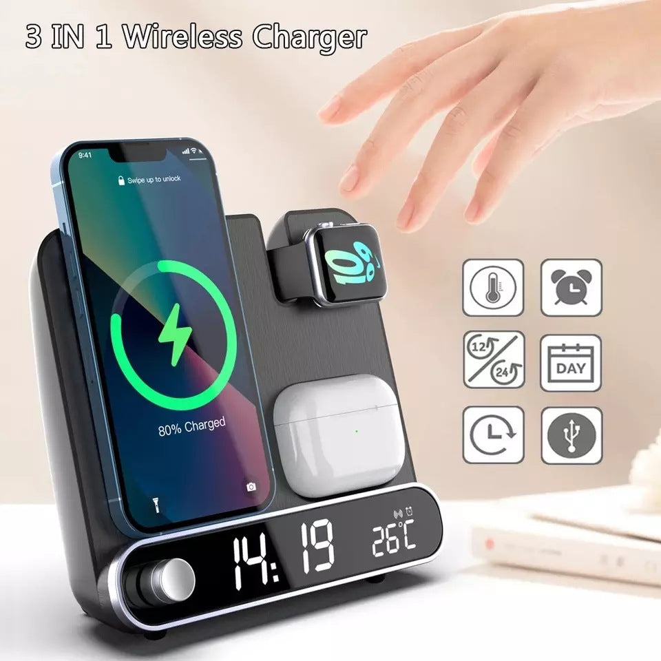 5-in-1 Multifunctional Wireless Charging Station | 15W Fast Charger for iPhone/Android | Digital Alarm Clock, Bluetooth Speaker, Smart Thermometer & Hygrometer