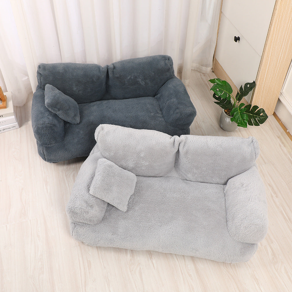 Fashion Large Cat & Dog Plush Sofa Bed – Warm, Comfortable Rabbit Plush Pet Nest in Khaki