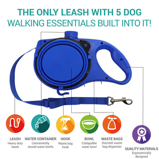 3-in-1 Retractable Dog Leash with Built-in Water Bottle | Portable Hands-Free Dog Walking Belt for Hiking, Running, and Jogging