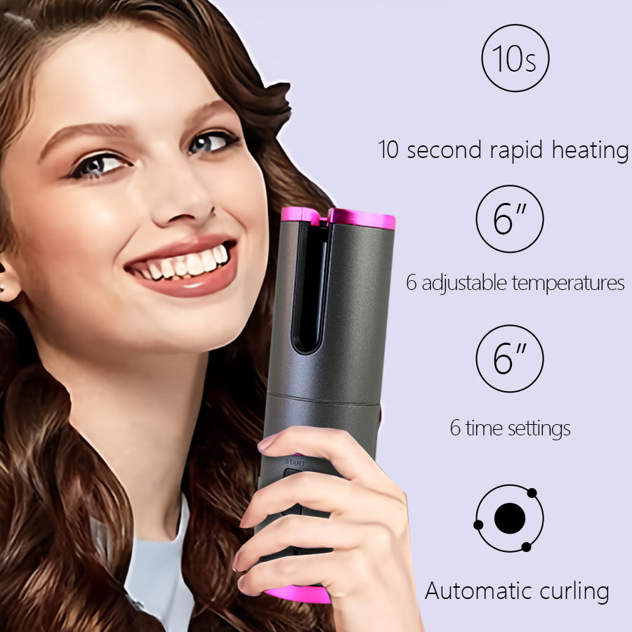 LCD Wireless Charging Curling Iron | 10s Rapid Heat-Up, 6 Temp & Time Settings | Automatic Rotating Curling Wand | Portable for Travel | Mini Smart Hair Curler