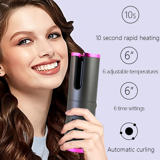 LCD Wireless Charging Curling Iron | 10s Rapid Heat-Up, 6 Temp & Time Settings | Automatic Rotating Curling Wand | Portable for Travel | Mini Smart Hair Curler