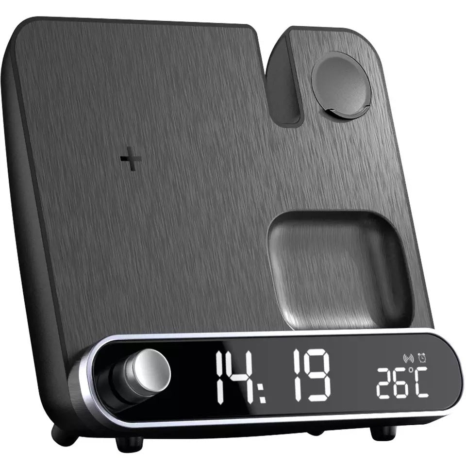 5-in-1 Multifunctional Wireless Charging Station | 15W Fast Charger for iPhone/Android | Digital Alarm Clock, Bluetooth Speaker, Smart Thermometer & Hygrometer