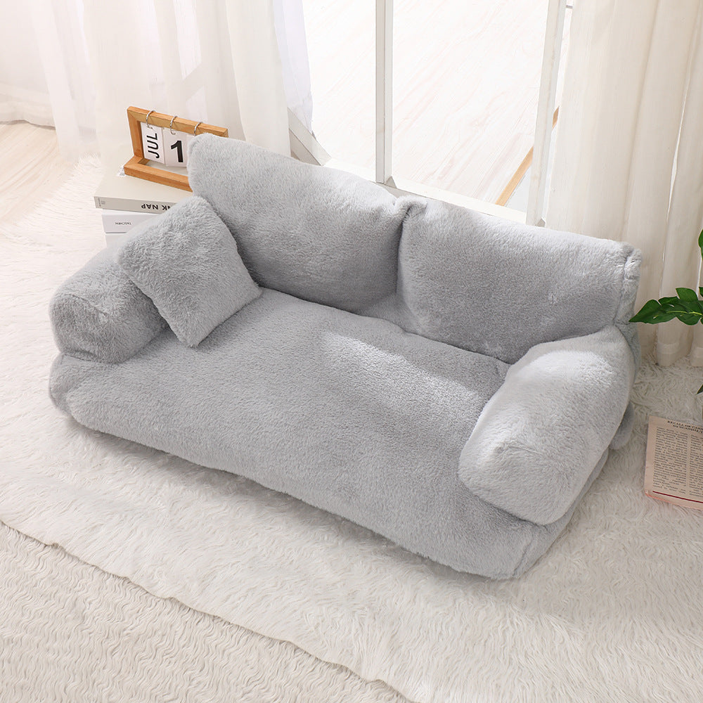 Fashion Large Cat & Dog Plush Sofa Bed – Warm, Comfortable Rabbit Plush Pet Nest in Khaki