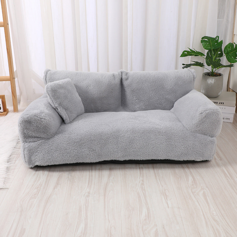 Fashion Large Cat & Dog Plush Sofa Bed – Warm, Comfortable Rabbit Plush Pet Nest in Khaki