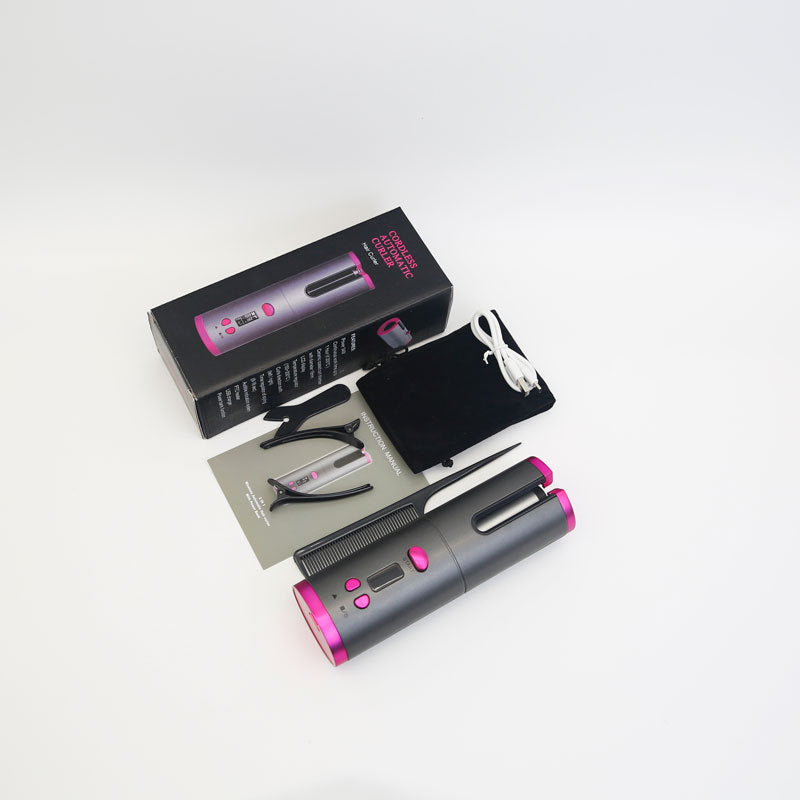 LCD Wireless Charging Curling Iron | 10s Rapid Heat-Up, 6 Temp & Time Settings | Automatic Rotating Curling Wand | Portable for Travel | Mini Smart Hair Curler