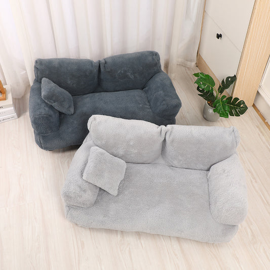 Fashion Large Cat & Dog Plush Sofa Bed – Warm, Comfortable Rabbit Plush Pet Nest in Khaki