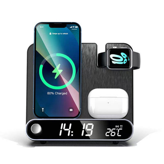 5-in-1 Multifunctional Wireless Charging Station | 15W Fast Charger for iPhone/Android | Digital Alarm Clock, Bluetooth Speaker, Smart Thermometer & Hygrometer