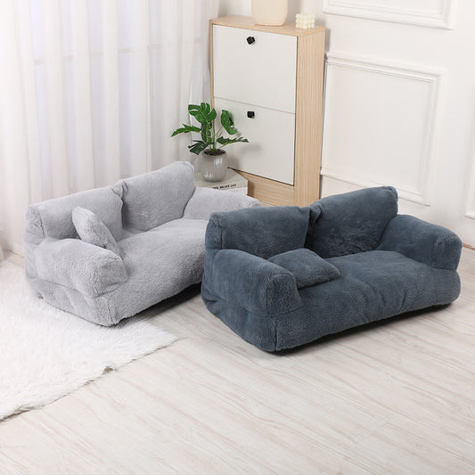 Fashion Large Cat & Dog Plush Sofa Bed – Warm, Comfortable Rabbit Plush Pet Nest in Khaki