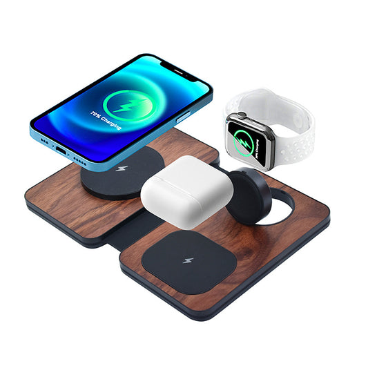3-in-1 Walnut Magnetic Wireless Charger Portable Foldable Travel Business Wireless Charger